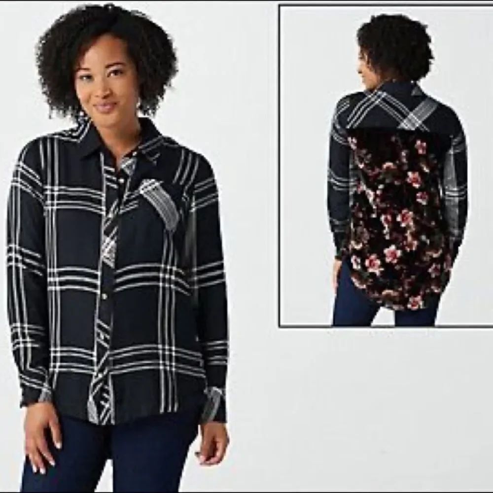 Tolani Collection Plaid Top with Printed Velvet Back
